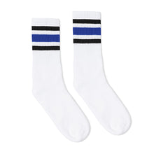 Load image into Gallery viewer, Black and Blue Striped Socks | White