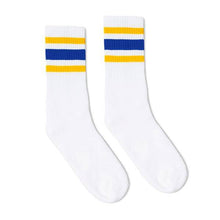 Load image into Gallery viewer, Gold and Blue Striped Socks | White