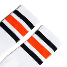 Load image into Gallery viewer, Black and Orange Striped Socks | White