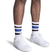 Load image into Gallery viewer, Black and Blue Striped Socks | White