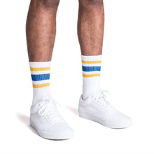 Load image into Gallery viewer, Gold and Blue Striped Socks | White