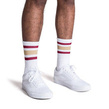 Load image into Gallery viewer, Maroon and Vegas Gold Striped Socks | White