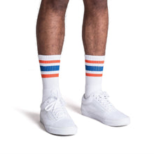Load image into Gallery viewer, Orange and Blue Striped Socks | White