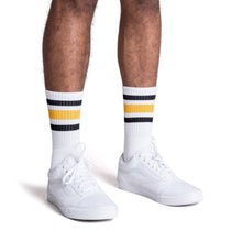 Load image into Gallery viewer, Black and Gold Striped Socks | White