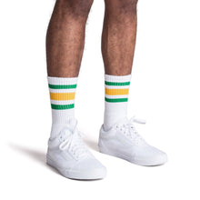 Load image into Gallery viewer, Green and Gold Striped Socks | White