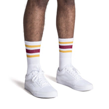Load image into Gallery viewer, Gold and Maroon Striped Socks | White