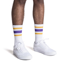 Load image into Gallery viewer, Gold and Purple Striped Socks | White