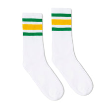 Load image into Gallery viewer, Green and Gold Striped Socks | White
