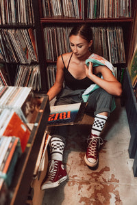 Black Checkered Socks | White