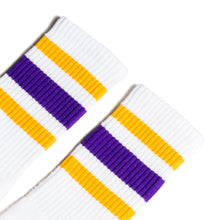 Load image into Gallery viewer, Gold and Purple Striped Socks | White
