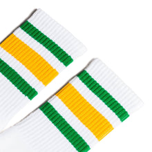 Load image into Gallery viewer, Green and Gold Striped Socks | White
