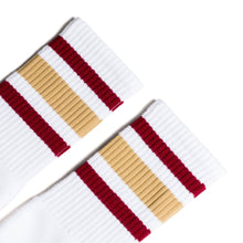 Load image into Gallery viewer, Maroon and Vegas Gold Striped Socks | White
